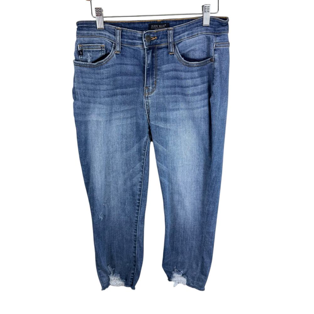 Judy Blue Cotton Blend JB82175MD Medium Wash Mid Rise Raw Hem Capri Jeans Sz 27‎